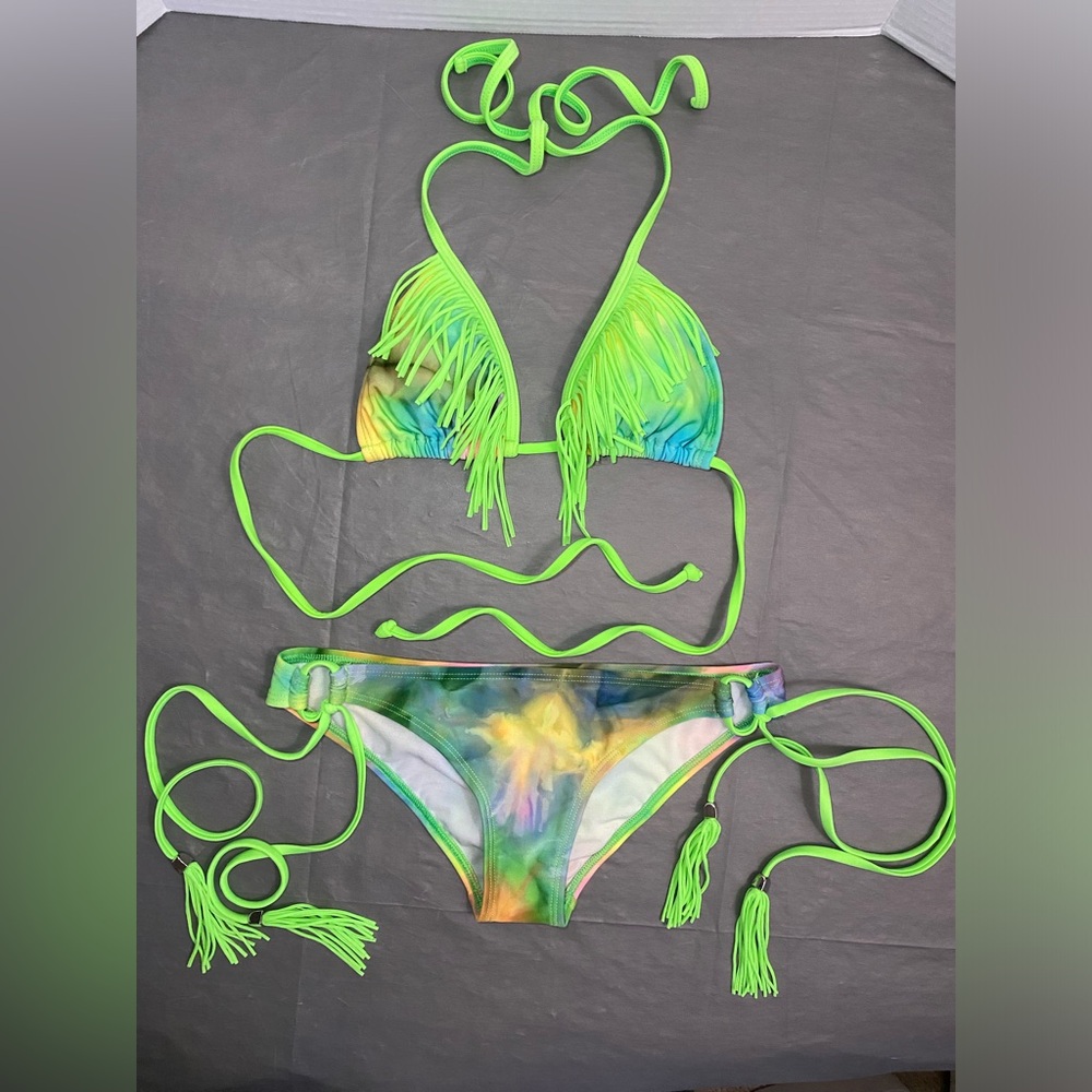 Kandy Wrappers Fringe Neon Green Multi Color Tye Dye String Bikini S/XS